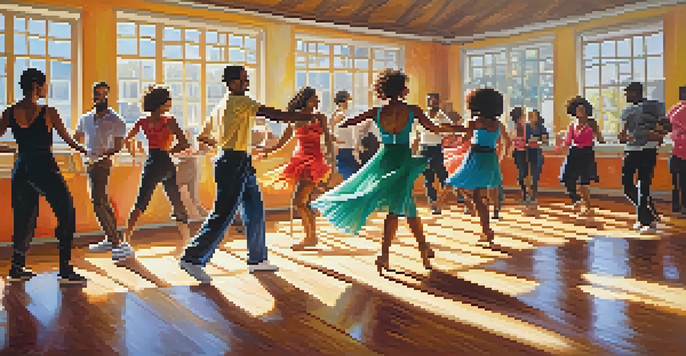 A lively salsa dance class with a diverse group of dancers enjoying the experience in a warmly lit studio.