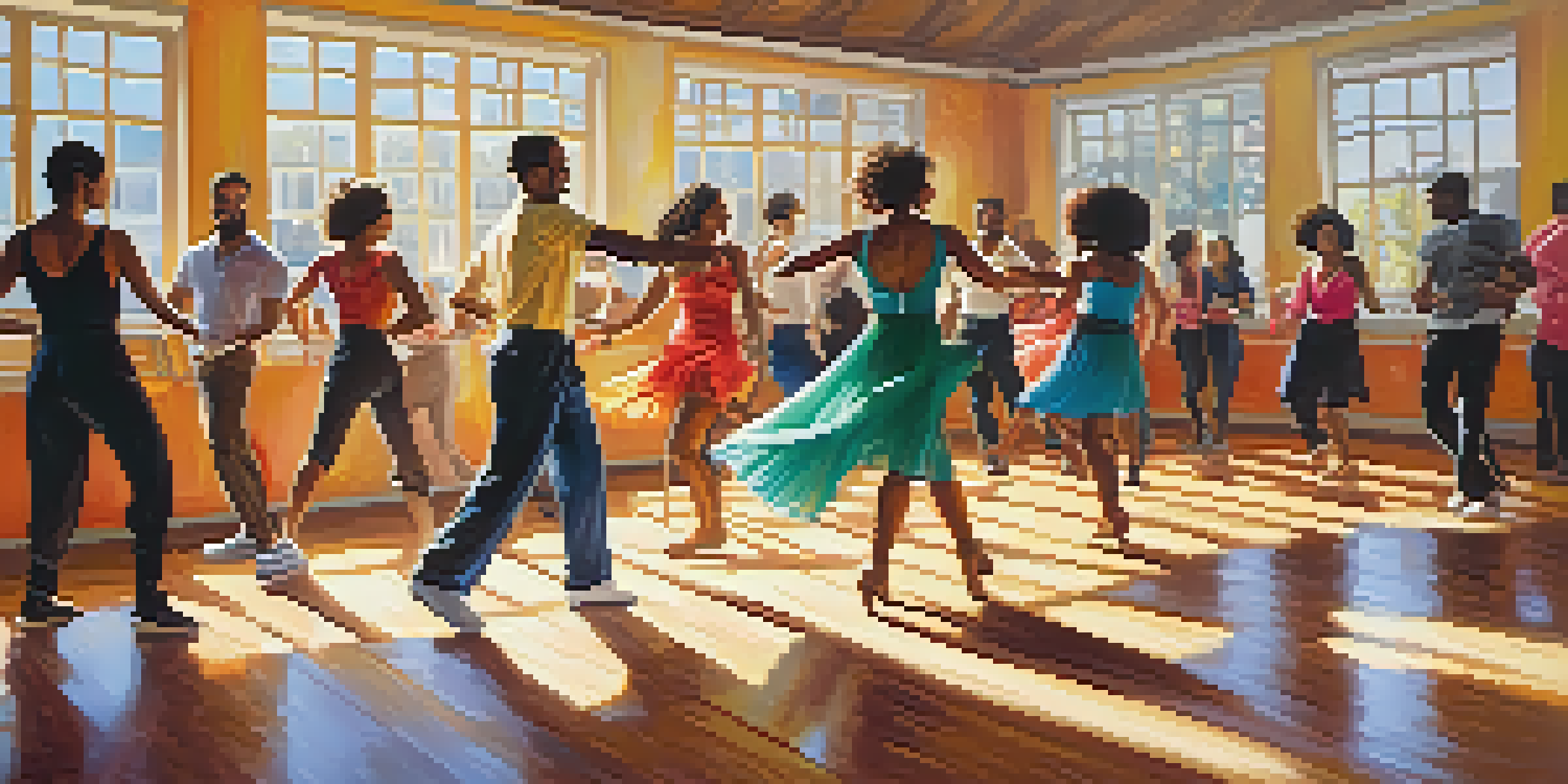 A lively salsa dance class with a diverse group of dancers enjoying the experience in a warmly lit studio.