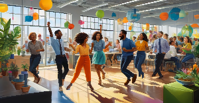 Employees of various backgrounds participating in a joyful dance break in a modern office, surrounded by sunlight and colorful decor.