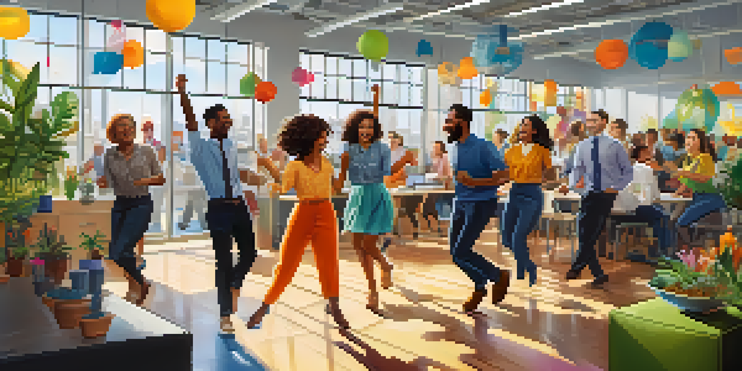 Employees of various backgrounds participating in a joyful dance break in a modern office, surrounded by sunlight and colorful decor.