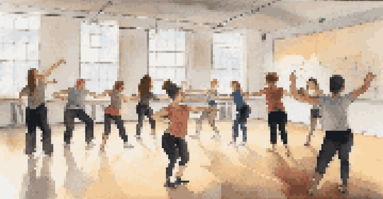 A dance workshop with students learning about sound design, featuring sound equipment and a teacher demonstrating techniques in a bright room.