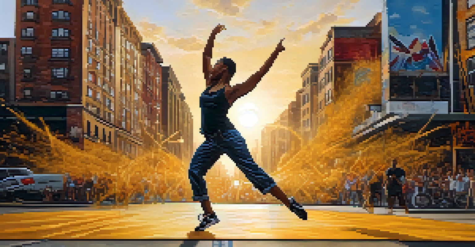 A dancer performs powerful movements on a city street with graffiti art and a sunset backdrop.