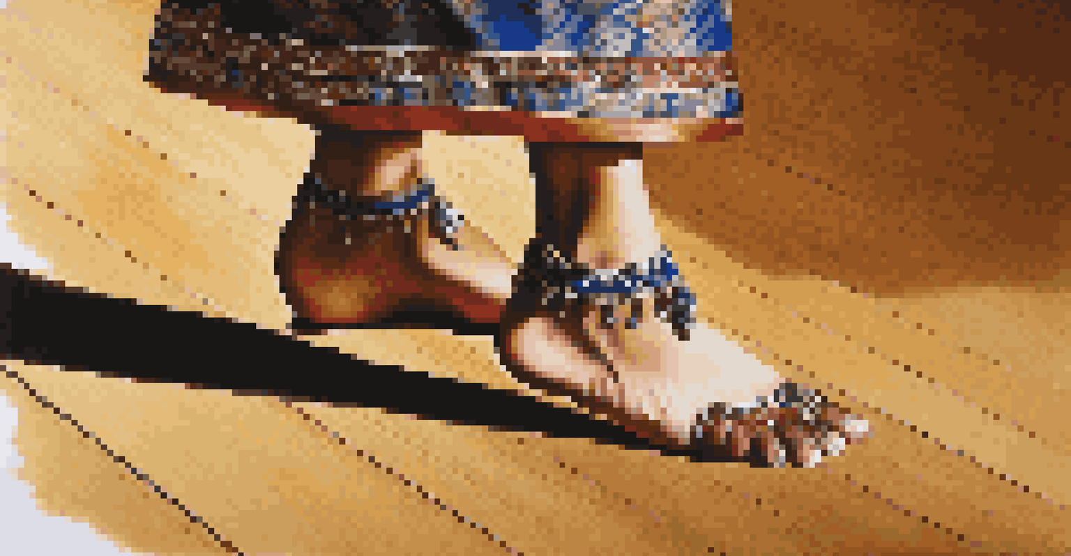 Close-up of a dancer's feet in traditional attire dancing on a polished wooden stage, showcasing intricate costume patterns.