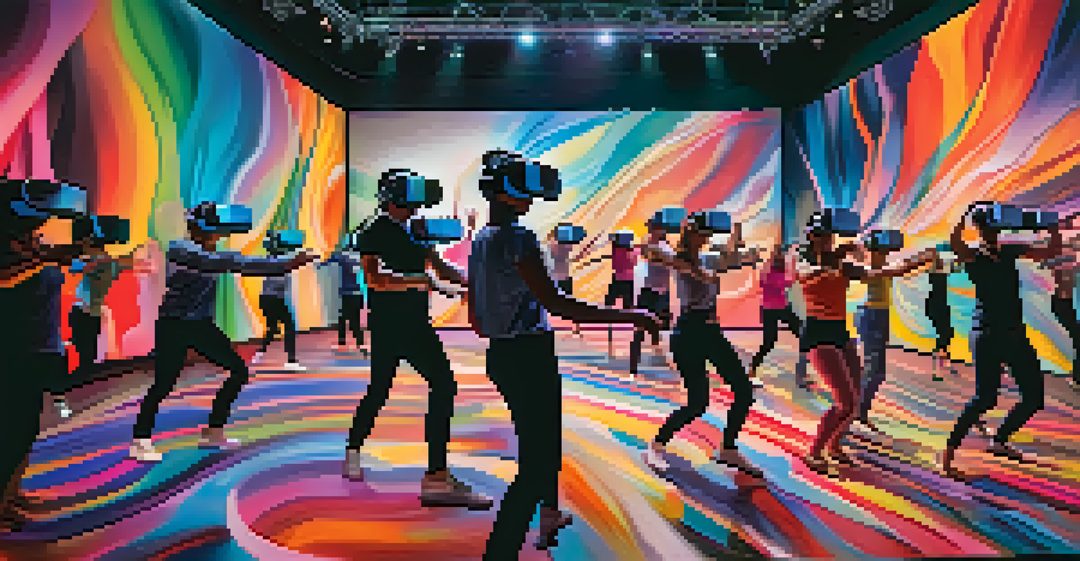 Audience members wearing VR headsets, experiencing a digital dance performance in vibrant colors.