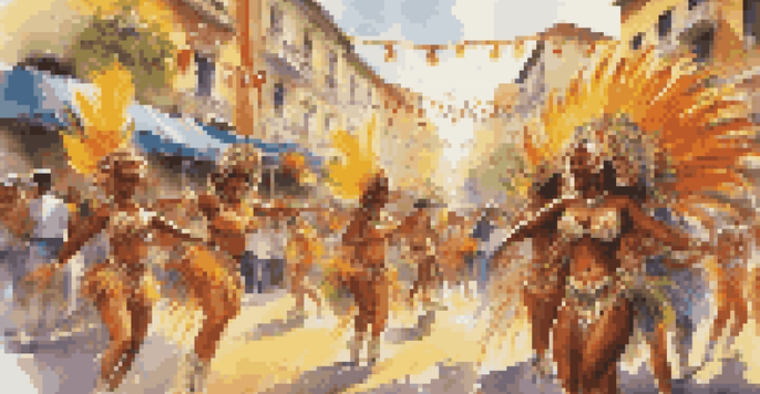 A lively street scene with samba dancers in colorful costumes during the Brazilian Carnival, surrounded by a festive crowd and decorations.