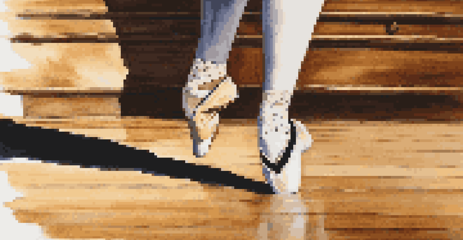 A close-up of a dancer's feet on a wooden stage, emphasizing stillness before a leap, with rich textures and soft shadows.