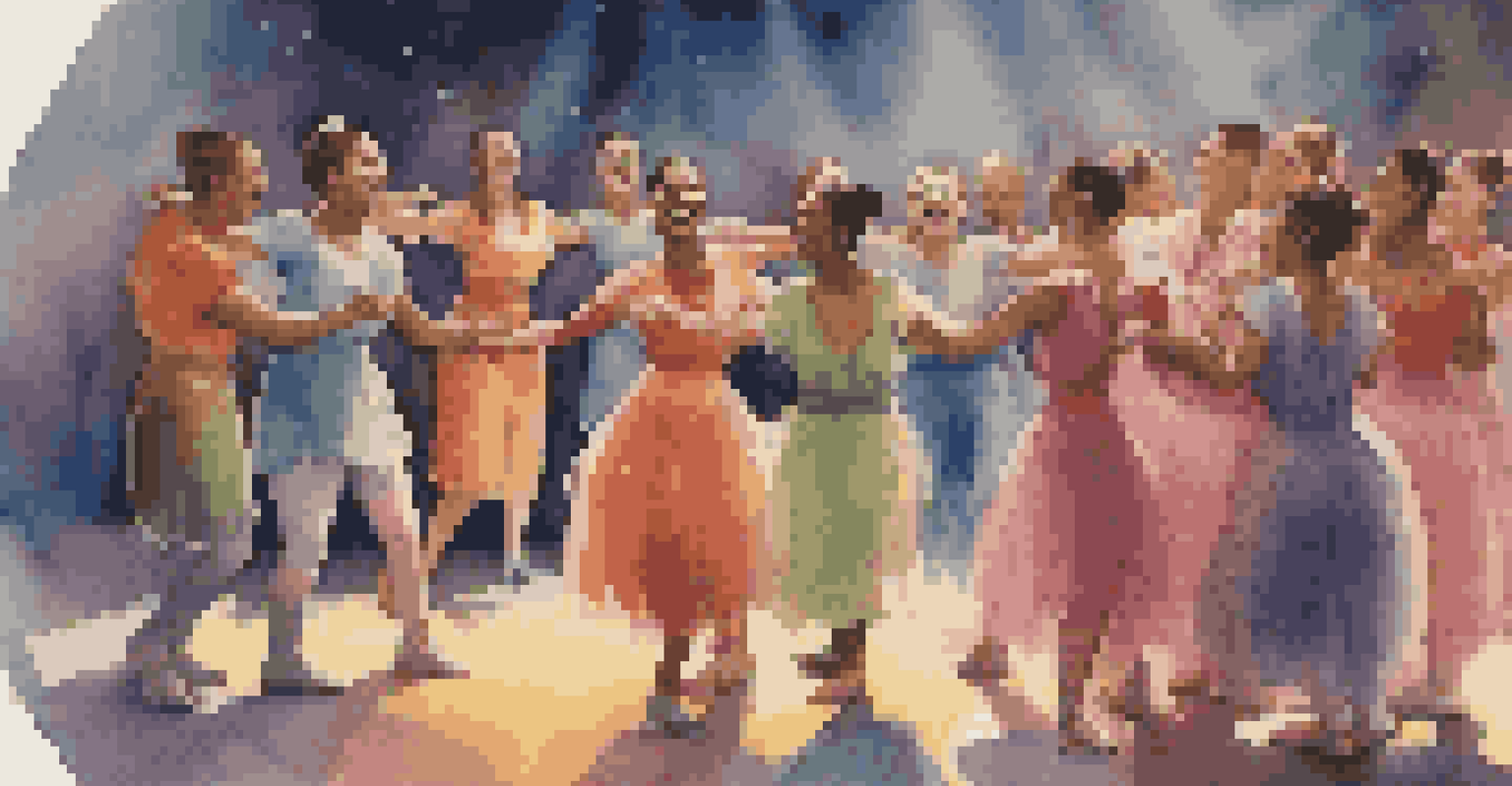 A group of dancers in colorful costumes sharing a light moment together in a circle, radiating positivity and support before a performance.