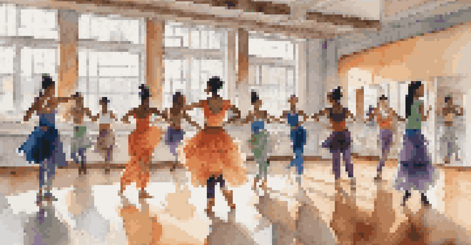 Diverse dancers in a rehearsal space collaborating on a hybrid dance routine, surrounded by mirrors and colorful costumes, with natural light illuminating the scene.
