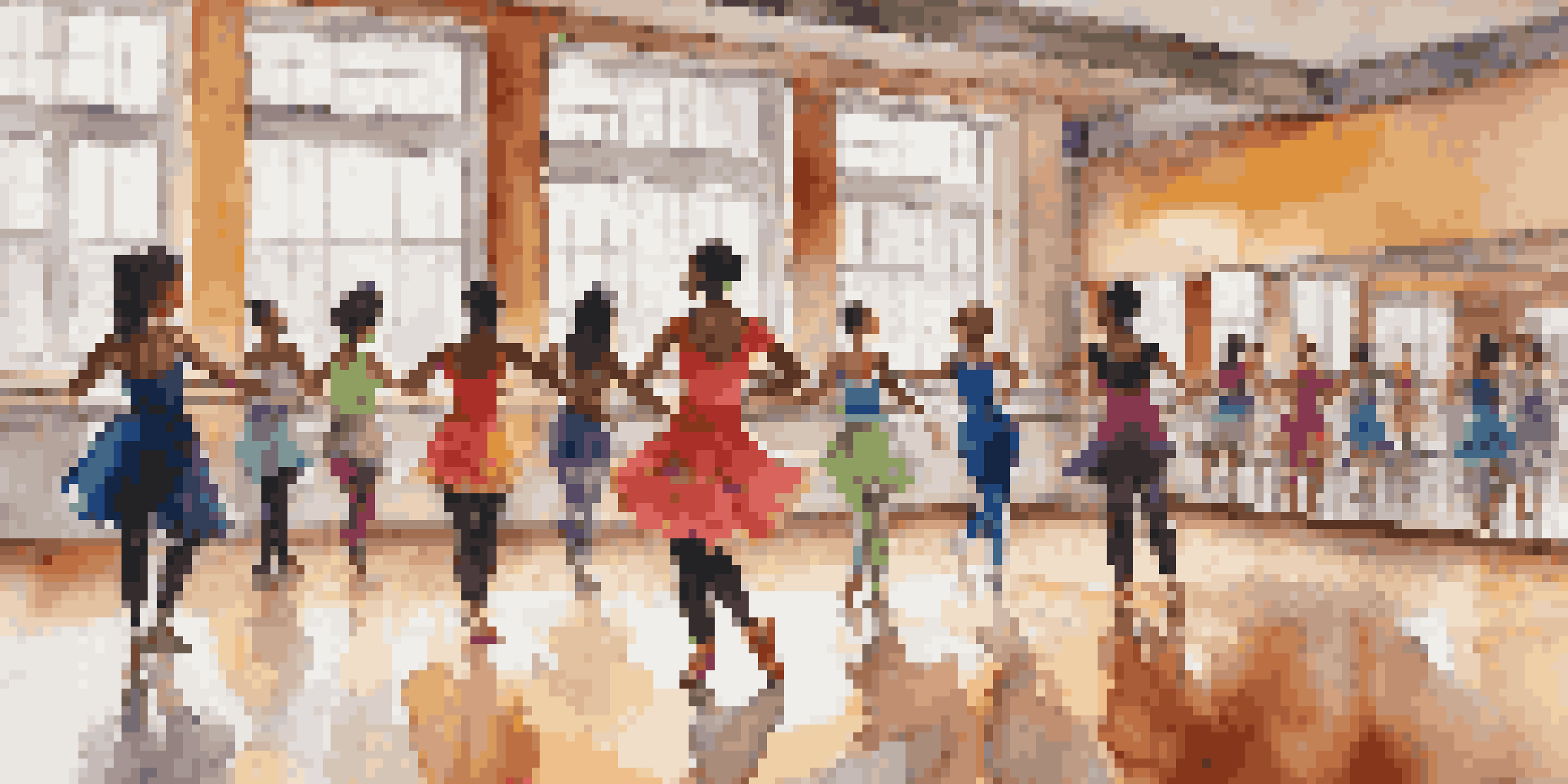 A diverse group of dancers practicing together in a colorful dance studio, filled with natural light and large mirrors.