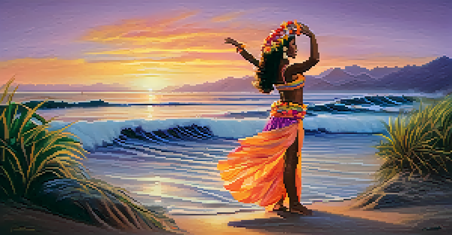 A Hula dancer performing by the ocean at sunset, wearing a floral lei and grass skirt, with colorful skies and gentle waves in the background.