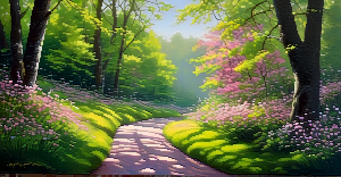 A peaceful forest in spring with green trees and pink blossoms, sunlight filtering through leaves, and a winding path.