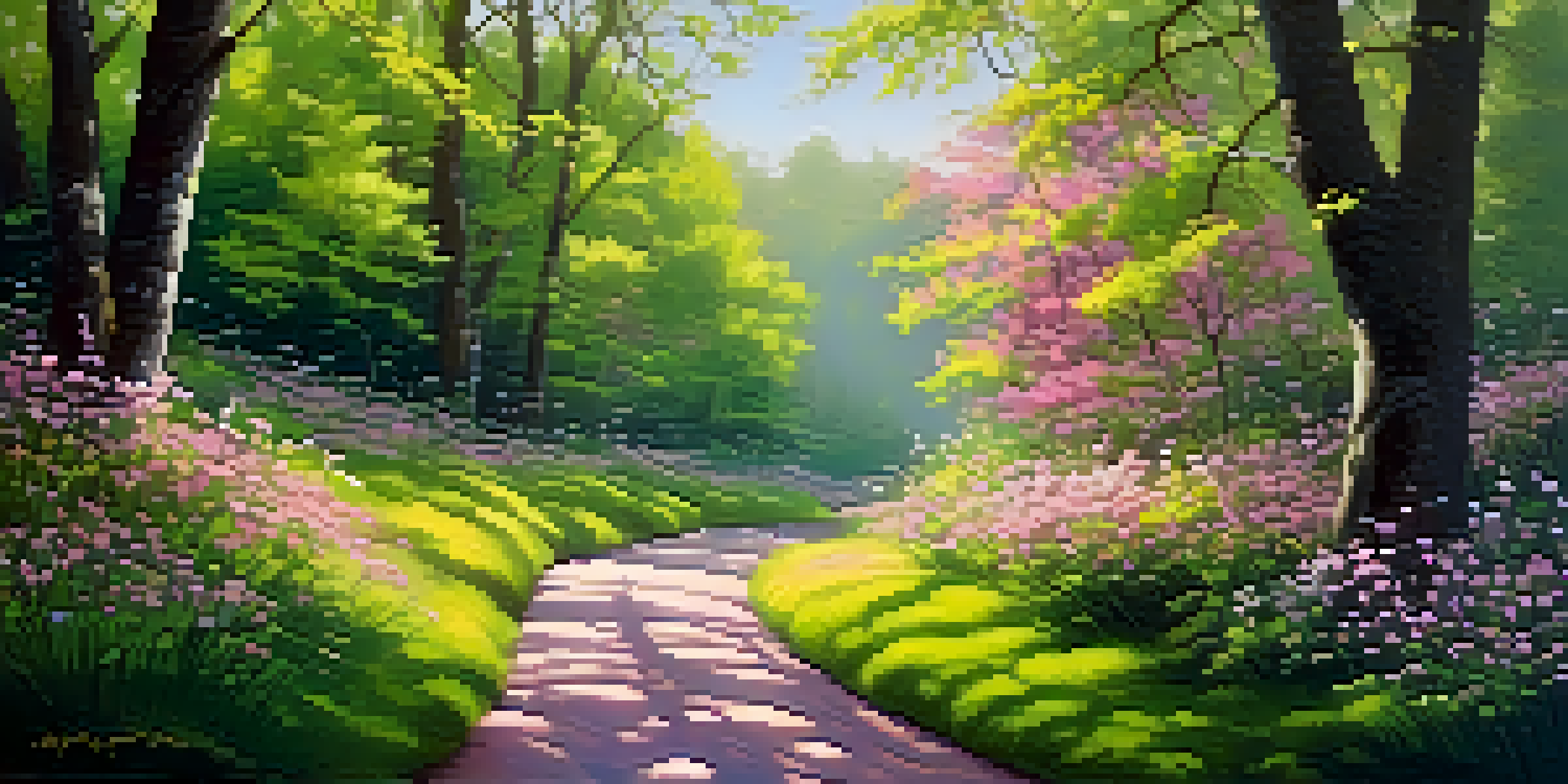A peaceful forest in spring with green trees and pink blossoms, sunlight filtering through leaves, and a winding path.