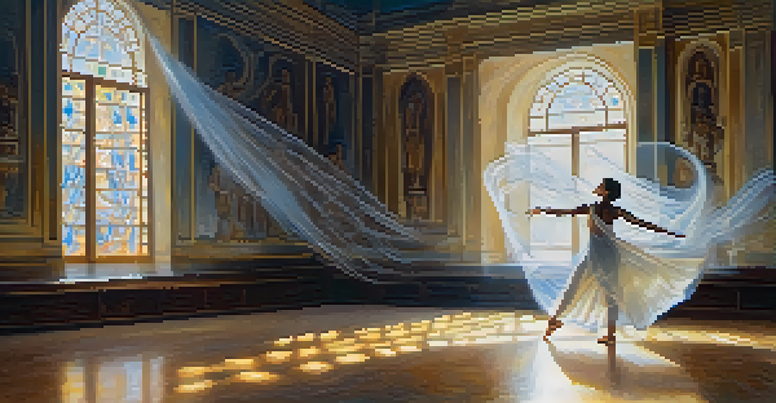 A single dancer in flowing garments performing a spiritual Jewish dance in a serene indoor space, illuminated by soft light.