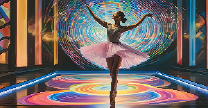 A dancer surrounded by colorful holographic shapes in an augmented reality setting, with dynamic lighting enhancing the performance.