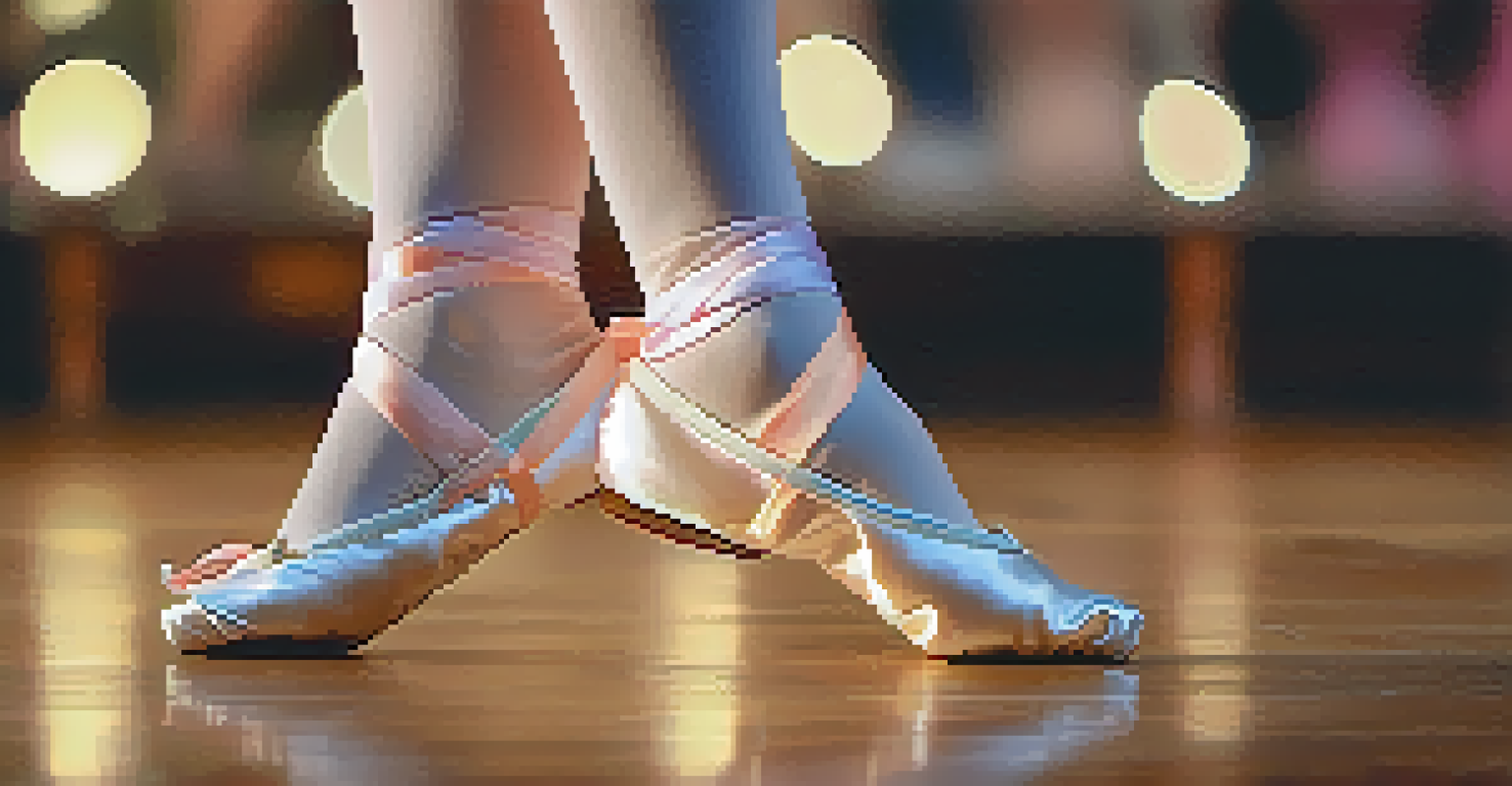Close-up of a dancer's feet in ballet slippers on a wooden dance floor, with colorful costumes in the background.