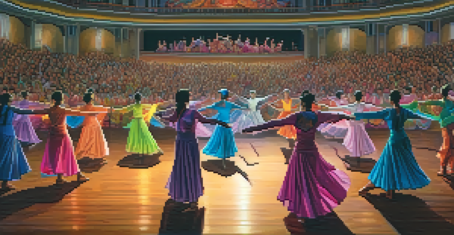 Dancers in futuristic costumes performing a fusion of traditional and modern dance styles on a brightly lit stage.