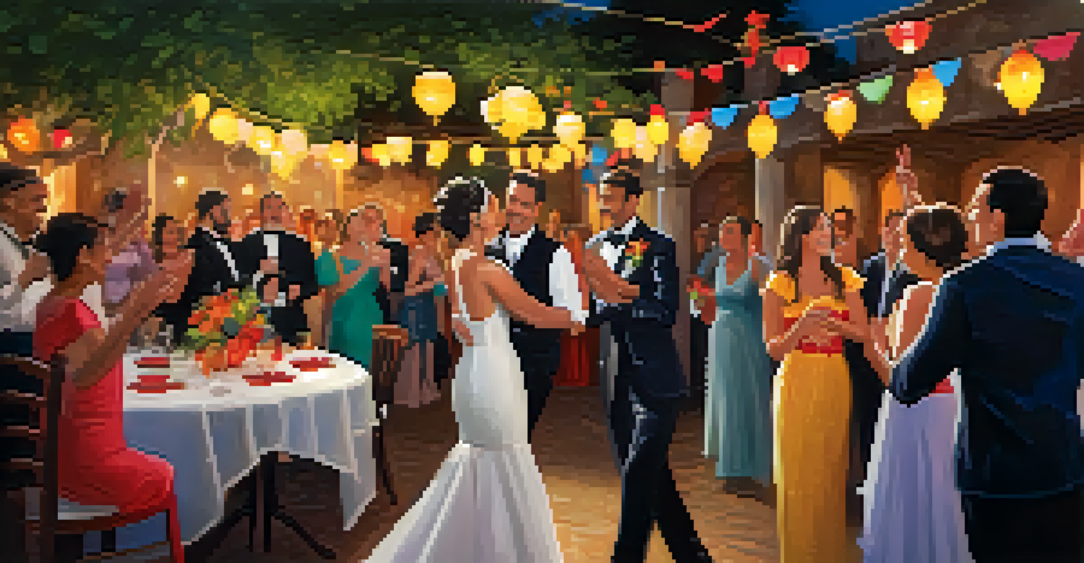 A flamenco couple dancing at a wedding celebration surrounded by joyful guests.