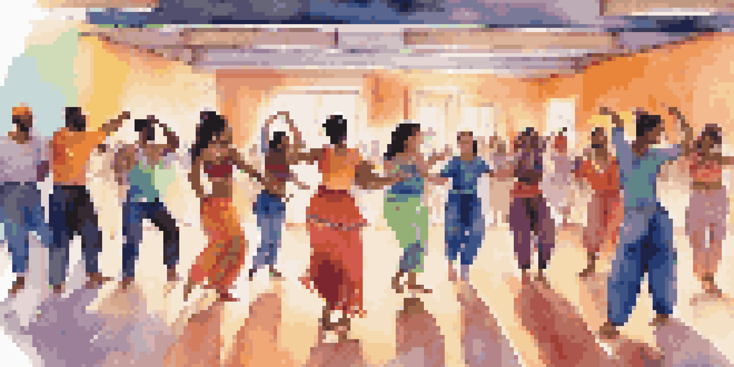 A group of diverse dancers connecting online, sharing different dance styles with colorful outfits and a warm atmosphere.