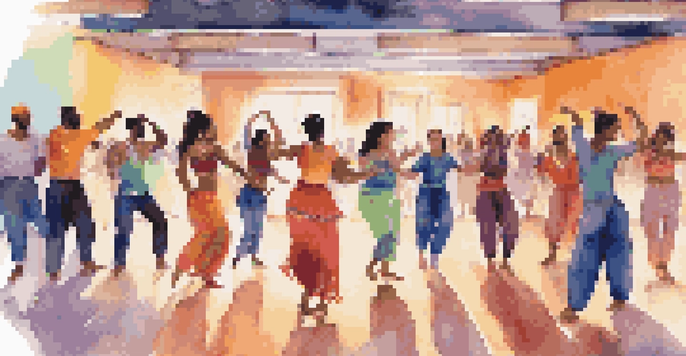 A group of diverse dancers connecting online, sharing different dance styles with colorful outfits and a warm atmosphere.