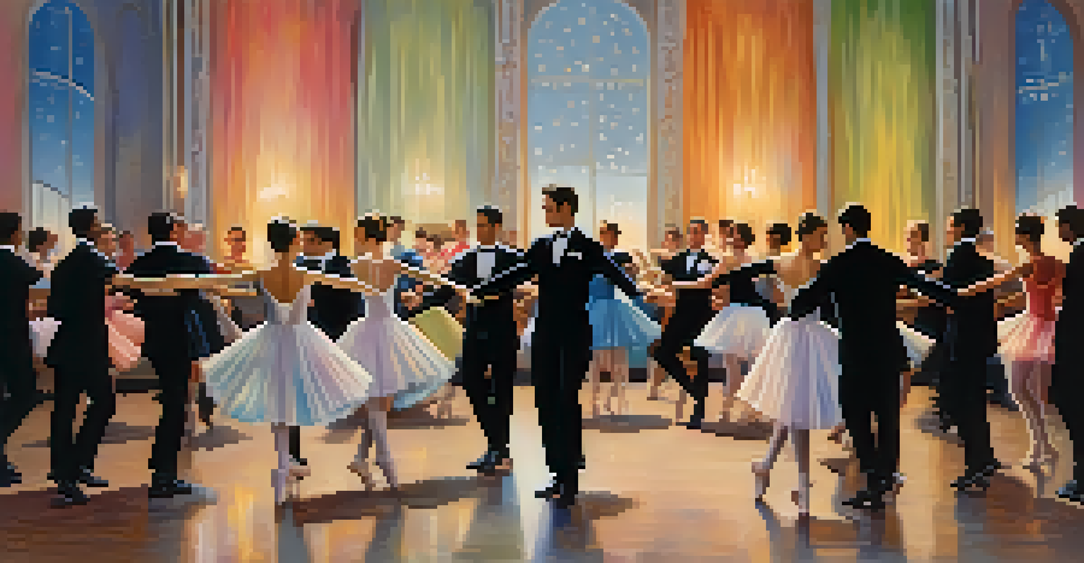 A split image showing a ballet dancer in a classical pose and a group of friends dancing joyfully in a casual setting.