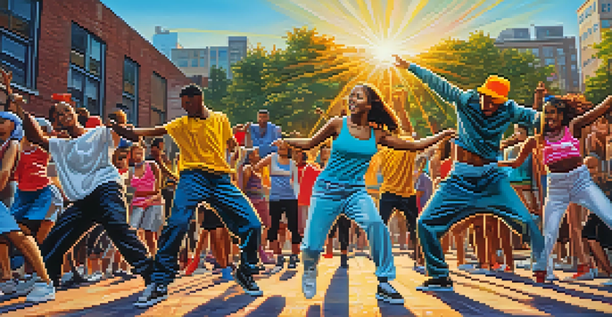 A lively street dance performance in an urban park, with dancers of different backgrounds showcasing their styles against a colorful graffiti backdrop.