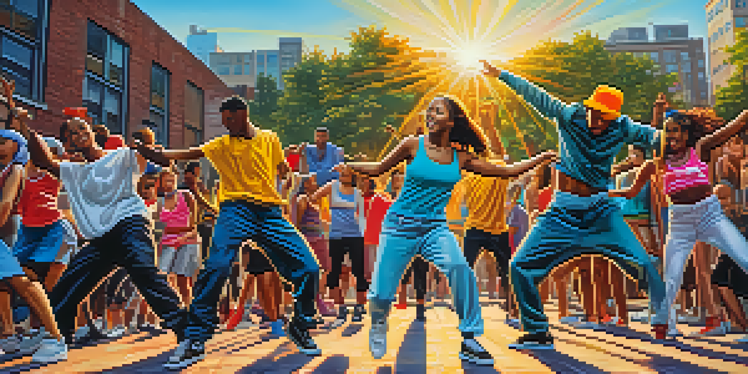 A lively street dance performance in an urban park, with dancers of different backgrounds showcasing their styles against a colorful graffiti backdrop.
