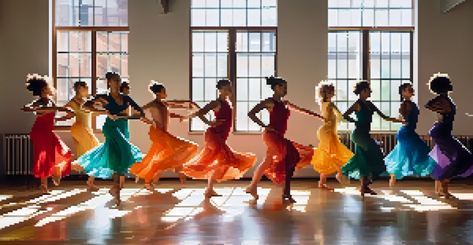 A group of diverse dancers in colorful outfits expressing themselves in a sunlit dance studio, with abstract art in the background.