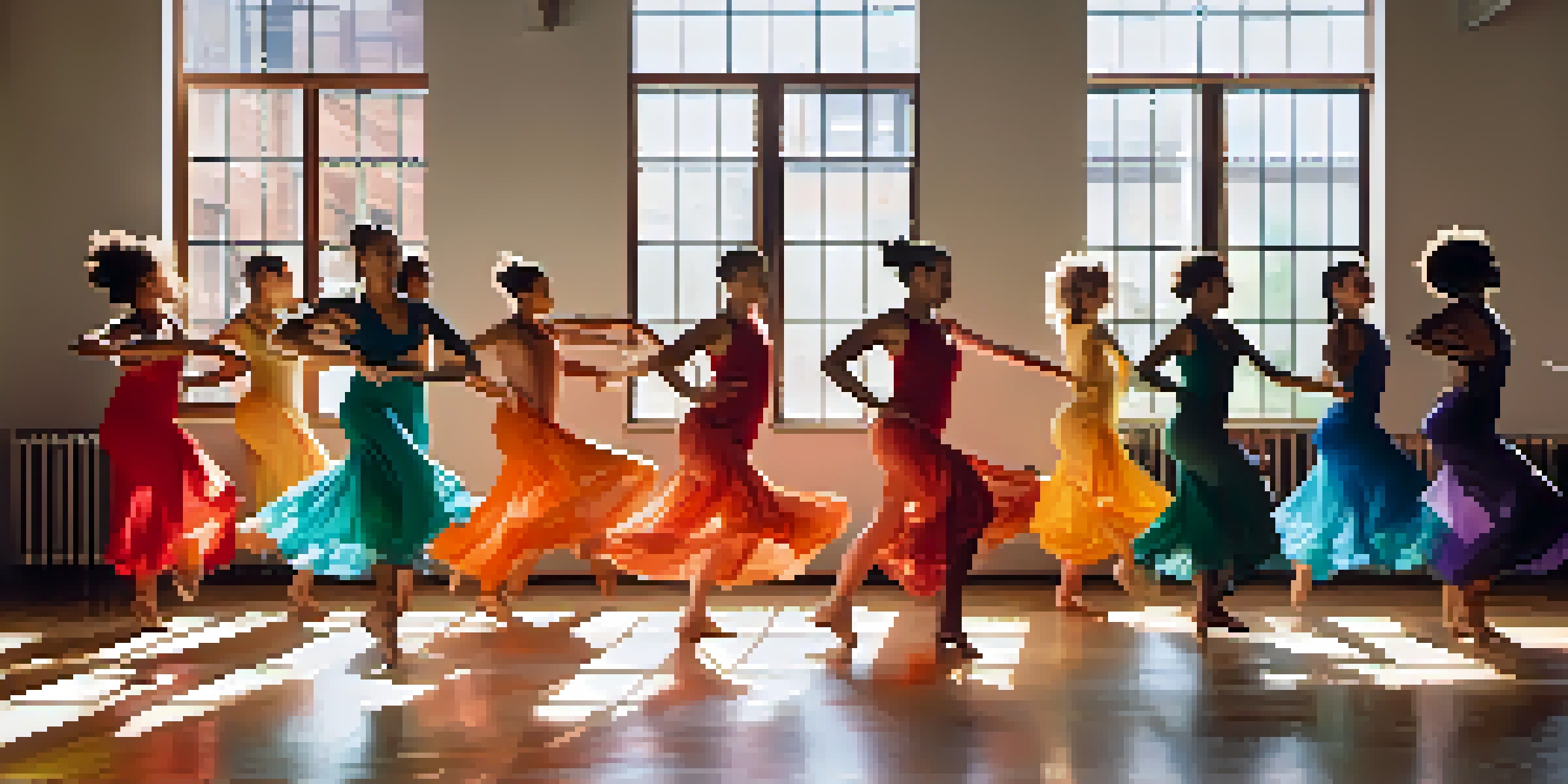 A group of diverse dancers in colorful outfits expressing themselves in a sunlit dance studio, with abstract art in the background.