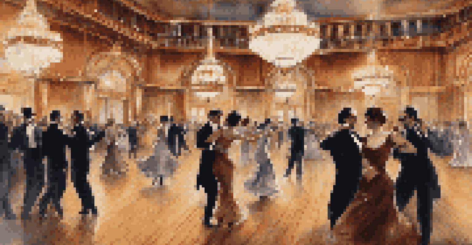 An elegant dance hall in Paris with couples dancing tango, ornate chandeliers, and a warm atmosphere.