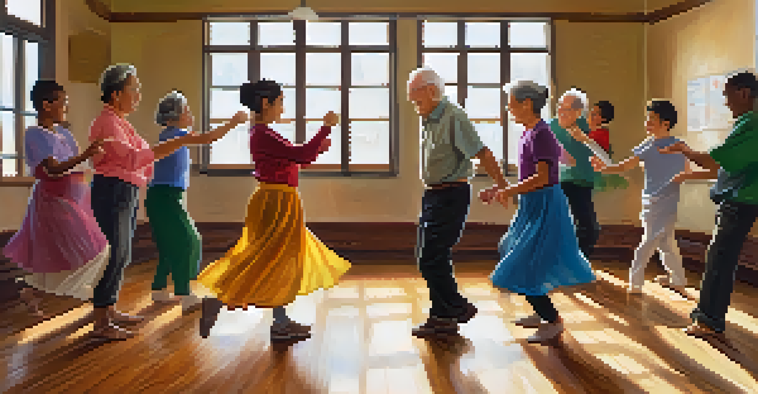 An elderly instructor teaching traditional folk dance steps to young learners in a warm, inviting community center.