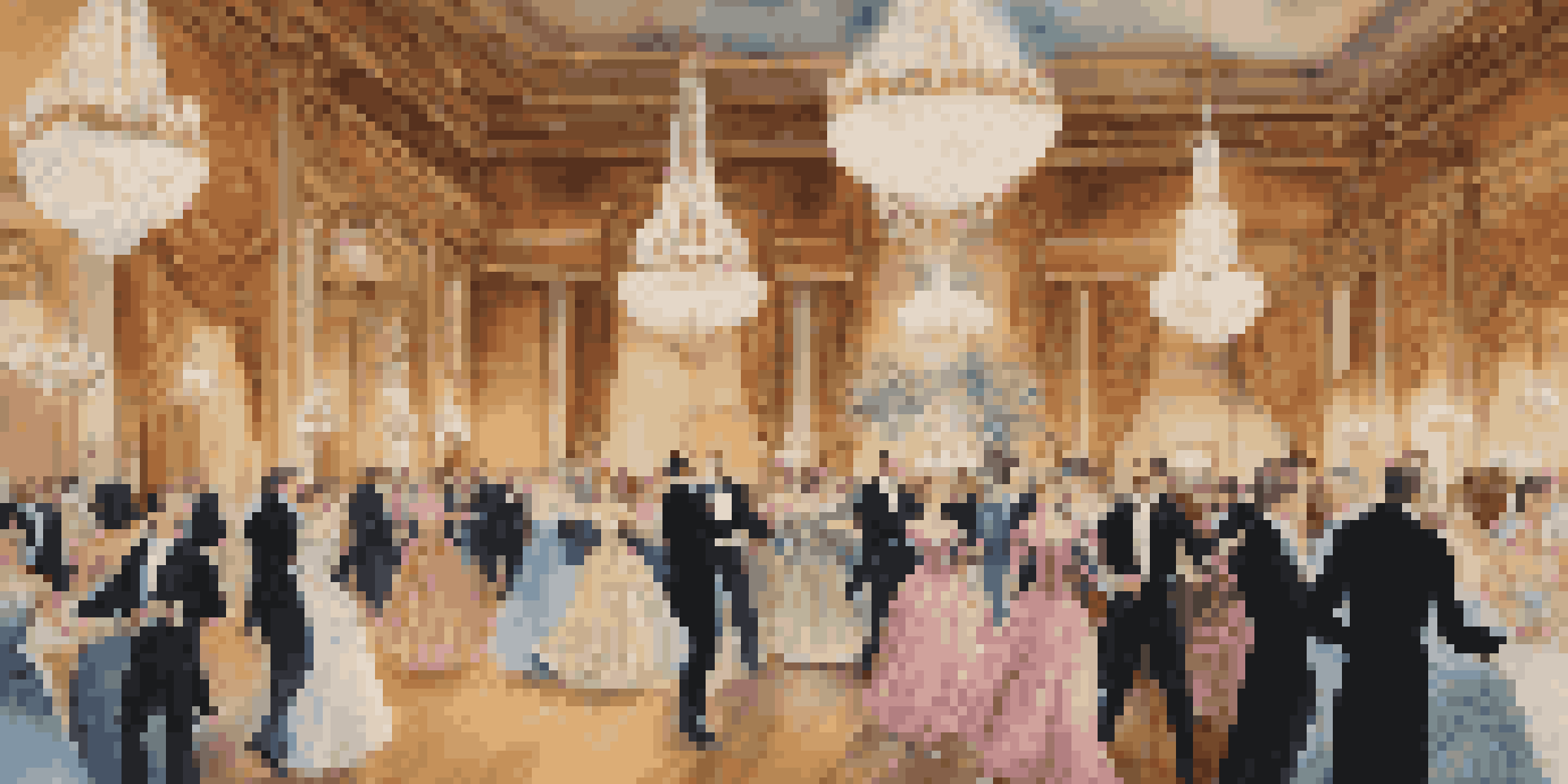 A grand ballroom filled with elegantly dressed characters dancing a waltz under ornate chandeliers.