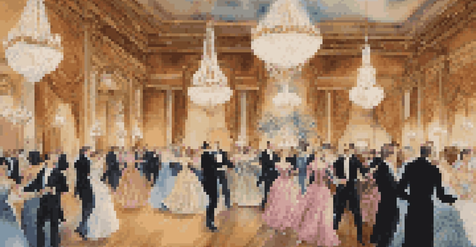 A grand ballroom filled with elegantly dressed characters dancing a waltz under ornate chandeliers.