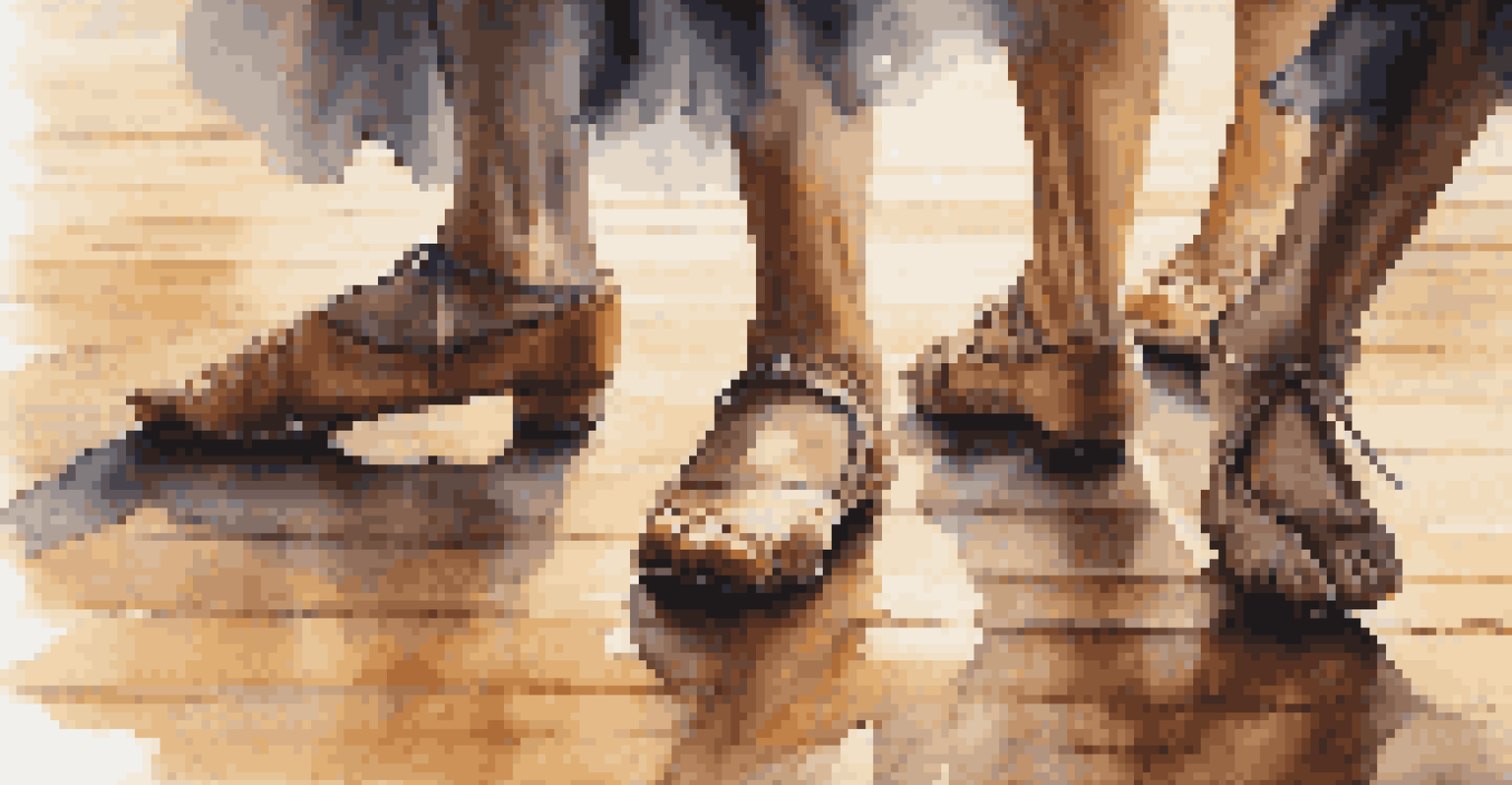A close-up of feet dancing on wooden floor, showcasing intricate movements and textures of dancers' shoes in warm lighting.