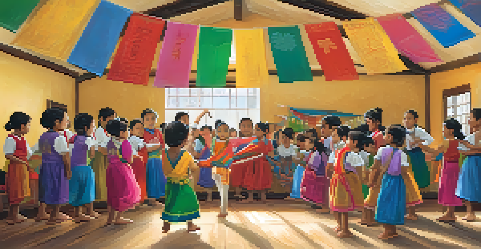 Children gathered around a dance instructor in an indoor setting, learning a cultural dance with colorful decorations in the background.
