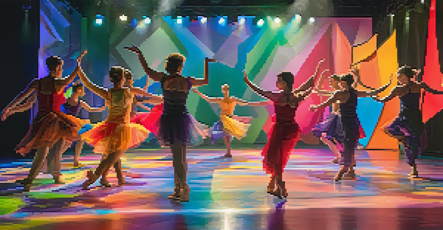 A colorful stage set for a contemporary dance, with dancers interacting creatively with abstract props and lighting.