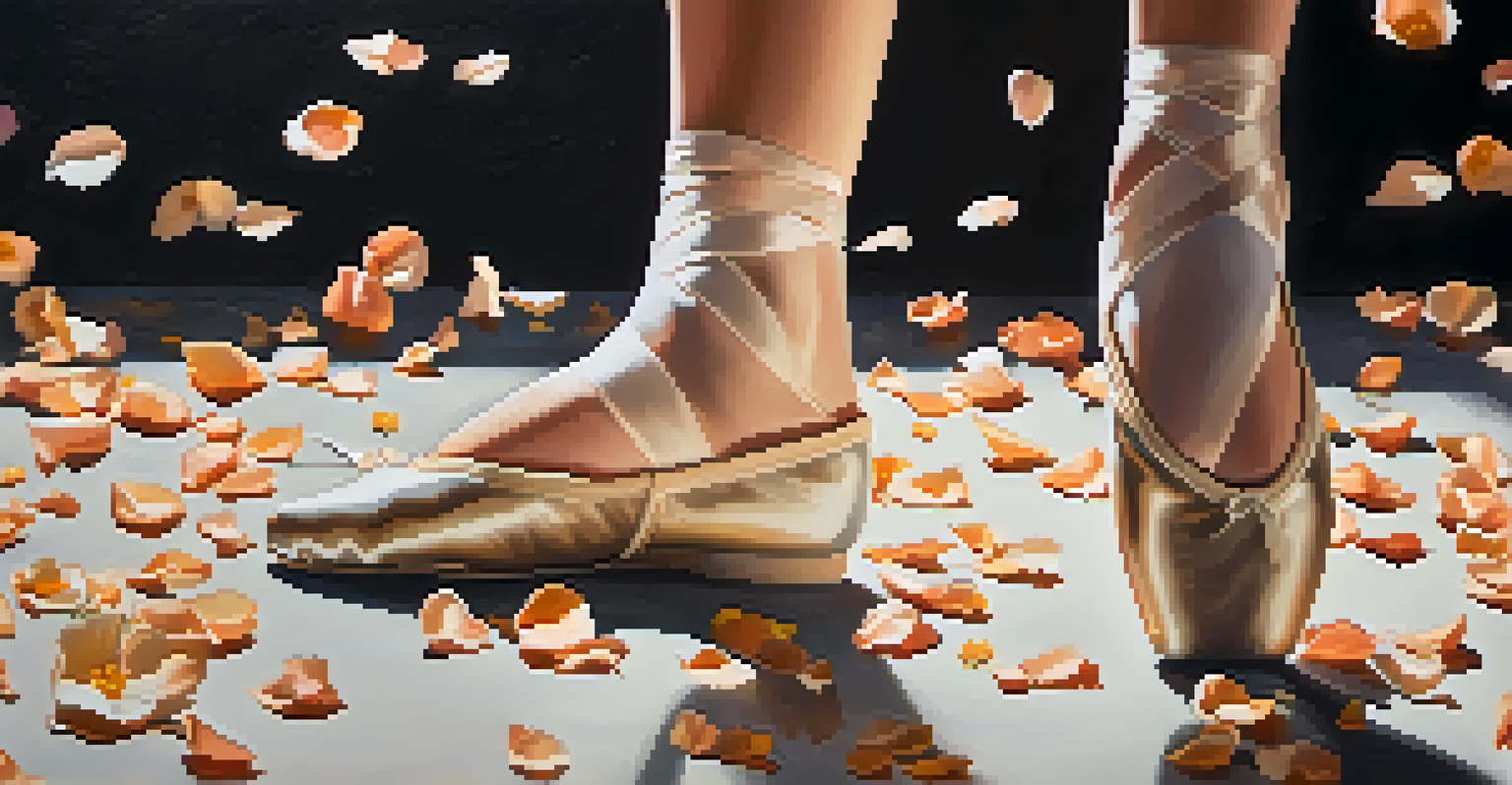 Close-up of a dancer's feet in pointe shoes on stage, surrounded by petals, with warm lighting creating soft shadows.