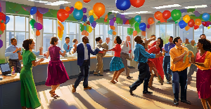 A diverse group of employees dancing joyfully in a bright office space, promoting teamwork and engagement.