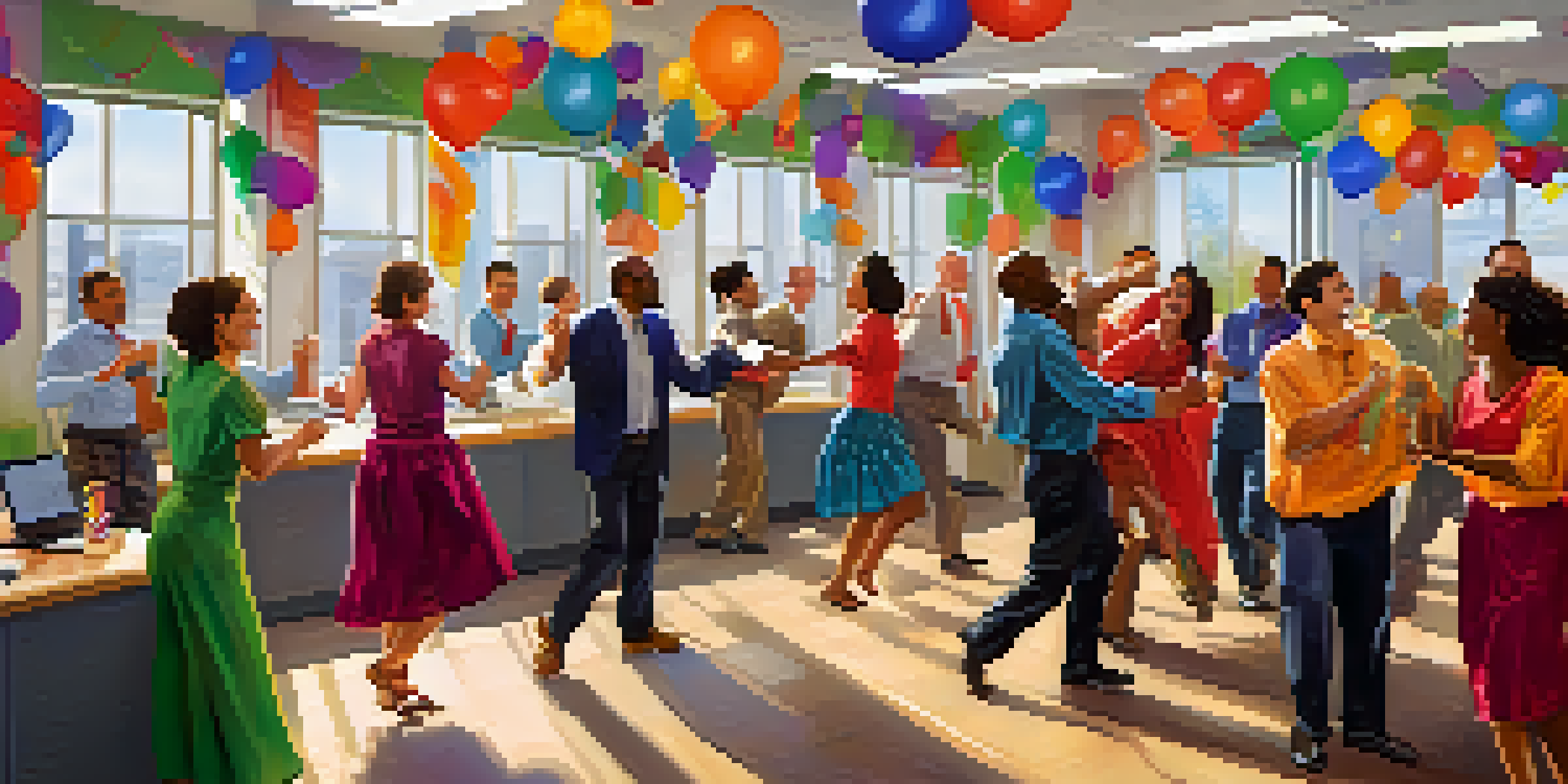 A diverse group of employees dancing joyfully in a bright office space, promoting teamwork and engagement.