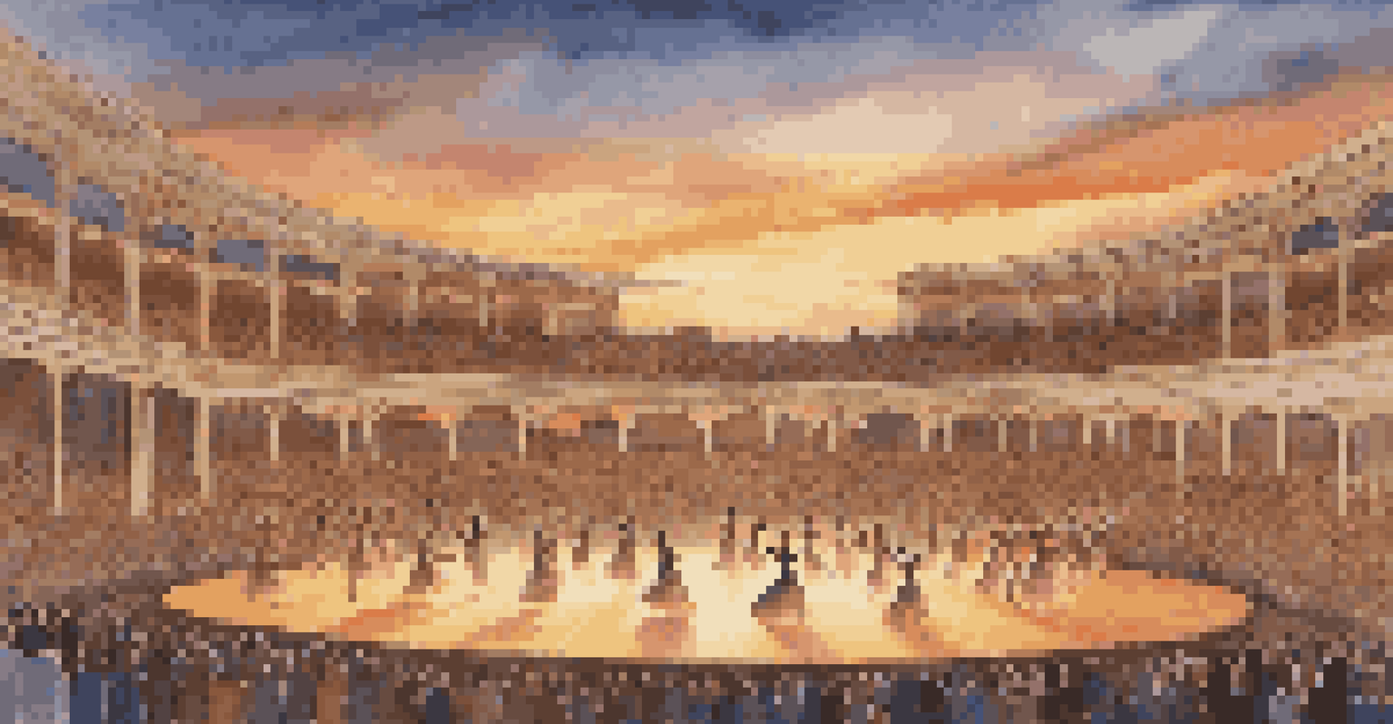 An aerial view of a grand outdoor dance performance at dusk, with dancers creating patterns on stage against a sunset backdrop.