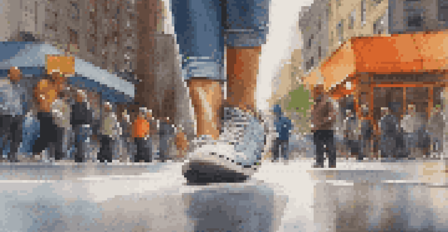 A close-up of a dancer's feet performing intricate footwork on a city sidewalk.