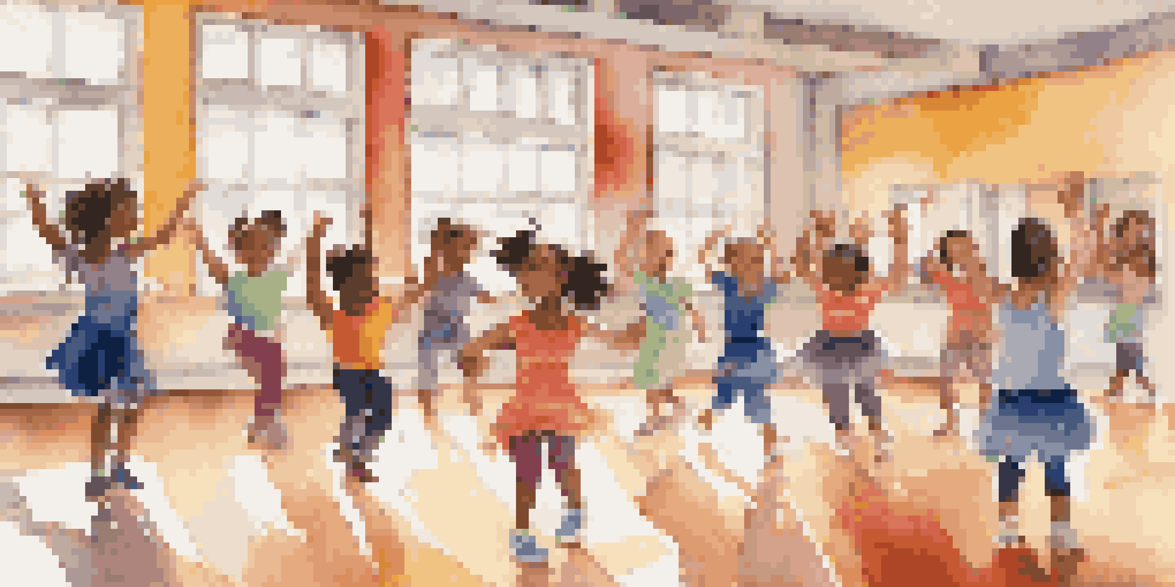 Children of diverse backgrounds dancing joyfully in a sunlit studio, surrounded by colorful artwork and mirrors reflecting their movements.