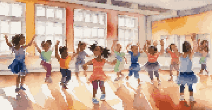 Children of diverse backgrounds dancing joyfully in a sunlit studio, surrounded by colorful artwork and mirrors reflecting their movements.
