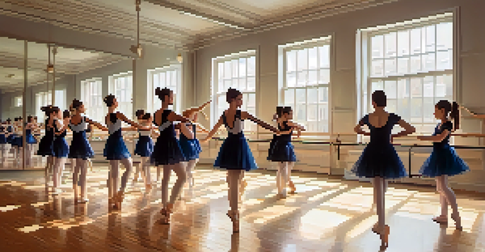 A lively dance studio with students practicing choreography using dance notation sheets, bright natural light, and inspirational quotes on the walls.