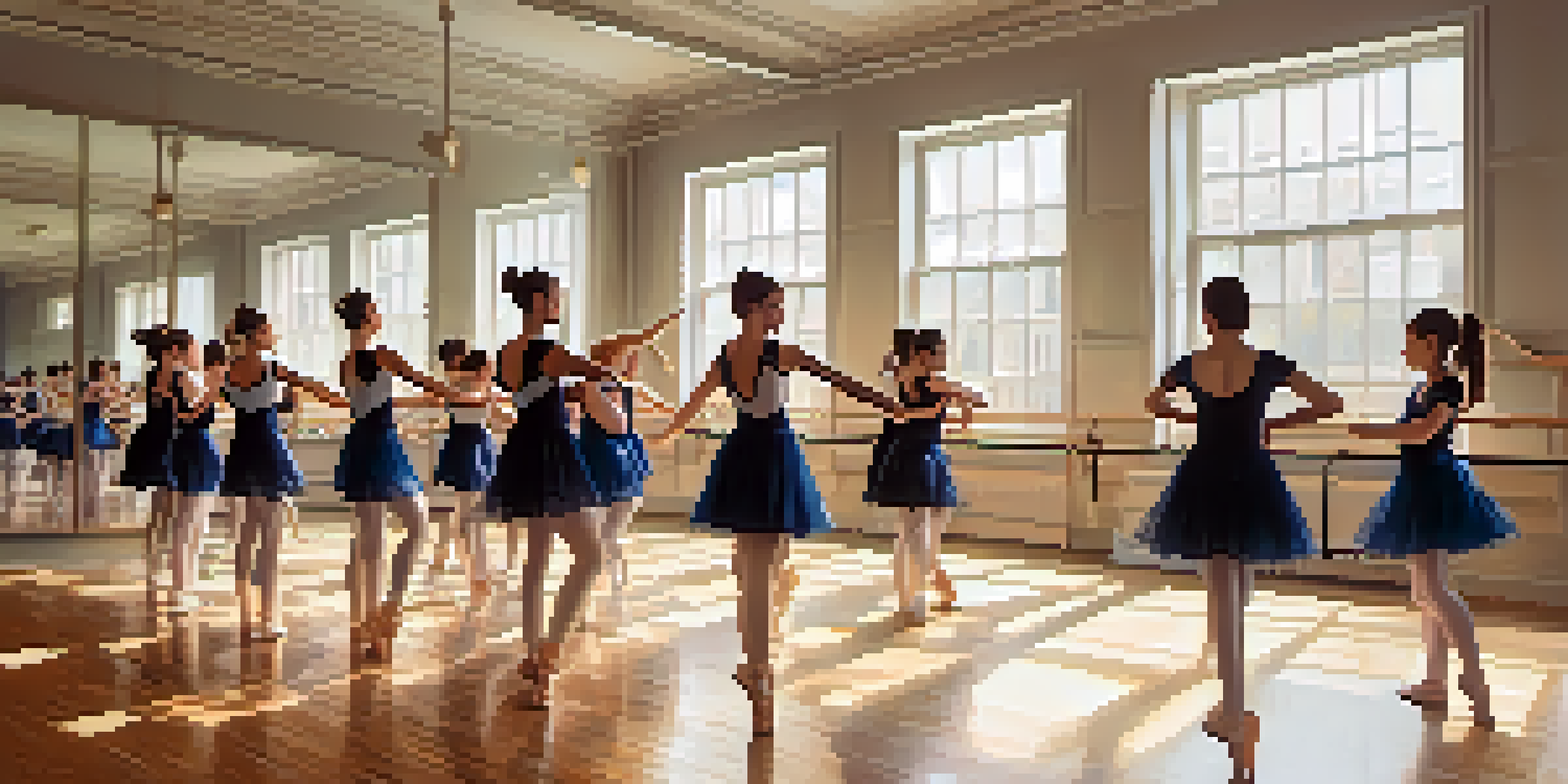 A lively dance studio with students practicing choreography using dance notation sheets, bright natural light, and inspirational quotes on the walls.
