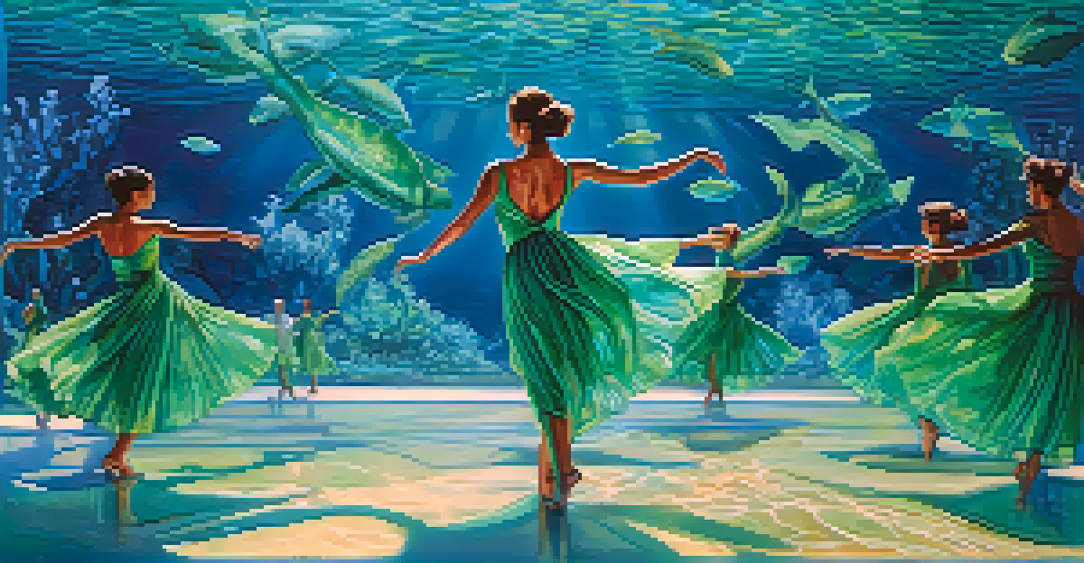 Dancers in blue and green costumes mimic ocean waves, with projections of marine life creating a serene yet urgent atmosphere.