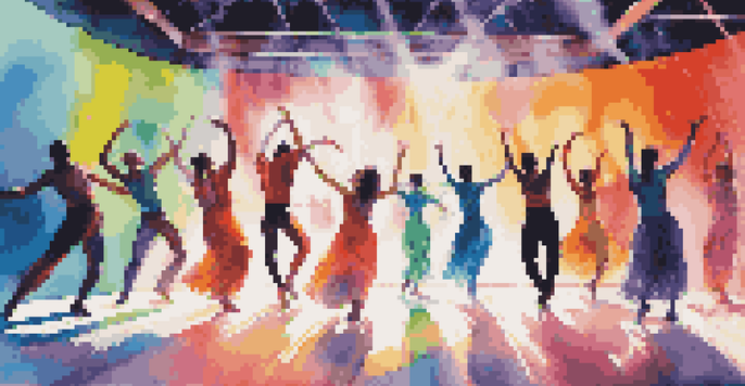 A vibrant contemporary dance performance with dancers in colorful costumes on a bright stage, surrounded by sound equipment and visual sound waves.