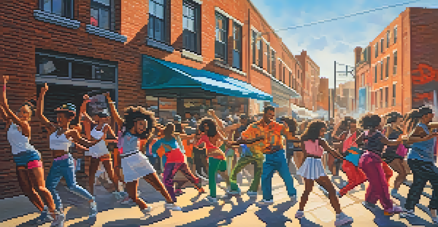 A group of diverse dancers performing energetic street dance moves in front of colorful graffiti in an urban environment.