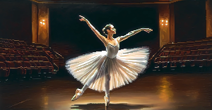 A ballet dancer leaping in a dim theater, illuminated by soft stage lights, with a blurred background.