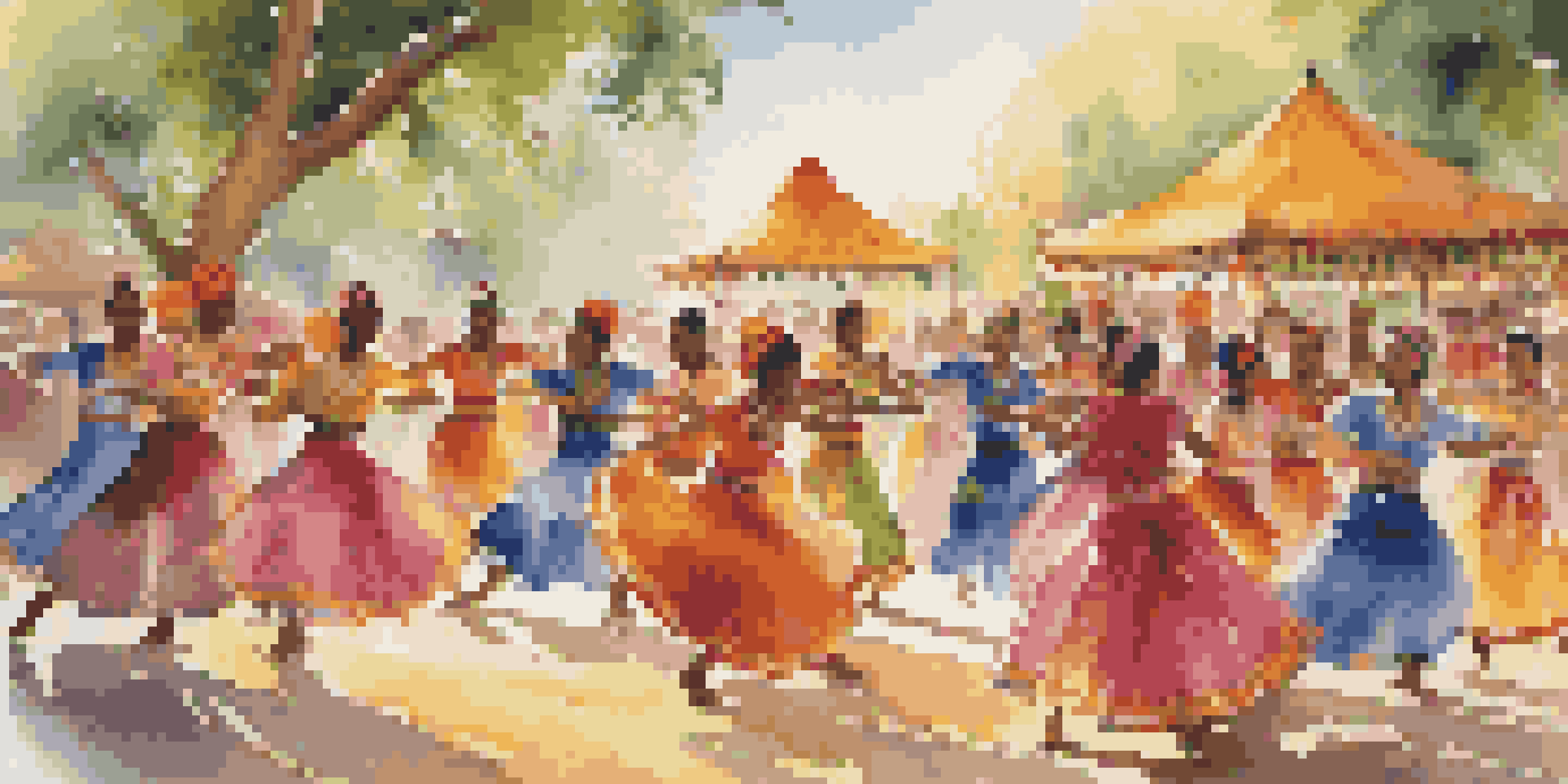 A group of dancers of different cultural backgrounds performing in traditional costumes at a lively outdoor festival, surrounded by colorful decorations and sunlight.