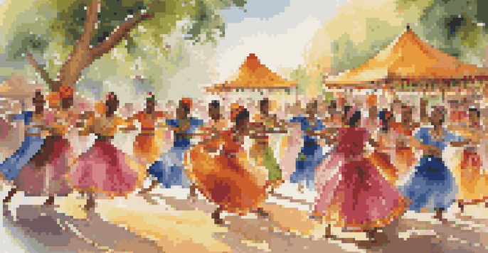 A group of dancers of different cultural backgrounds performing in traditional costumes at a lively outdoor festival, surrounded by colorful decorations and sunlight.